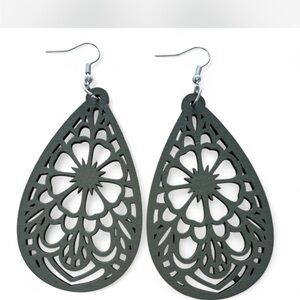 Boho Wooden Cutout Teardrop  Natural Statement Earrings Sage Green